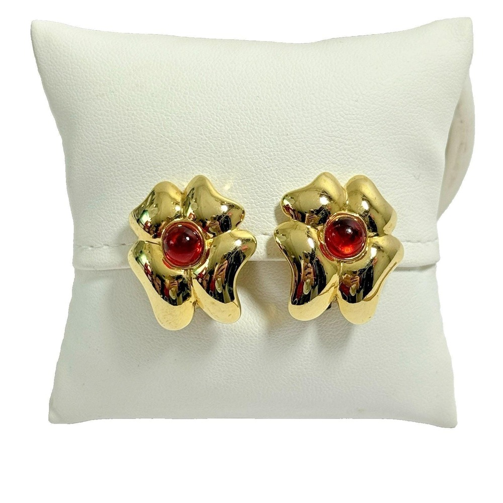 Vintage Gold Tone Red Rhinestone Flower Clip On Earrings Retro Statement Jewelry